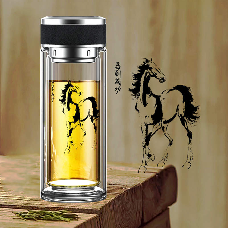 富光玻璃杯 吉祥图案定制刻字男便携泡茶杯办公玻璃水杯家用杯子 360