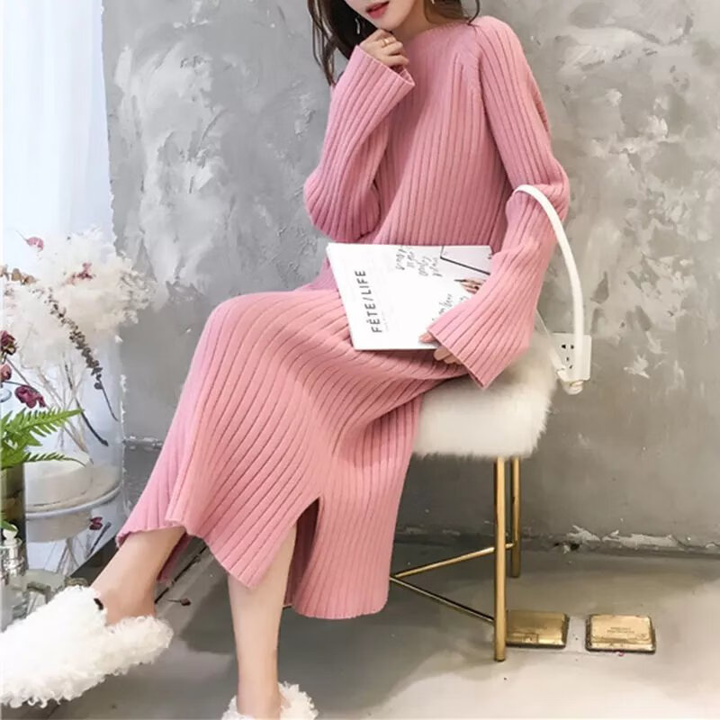 萬(wàn)派摩原宿風(fēng)套頭毛衣女長(zhǎng)款過(guò)膝韓版寬松秋冬季打底針織連衣裙 粉紅色 S （ 建議體重80-斤）