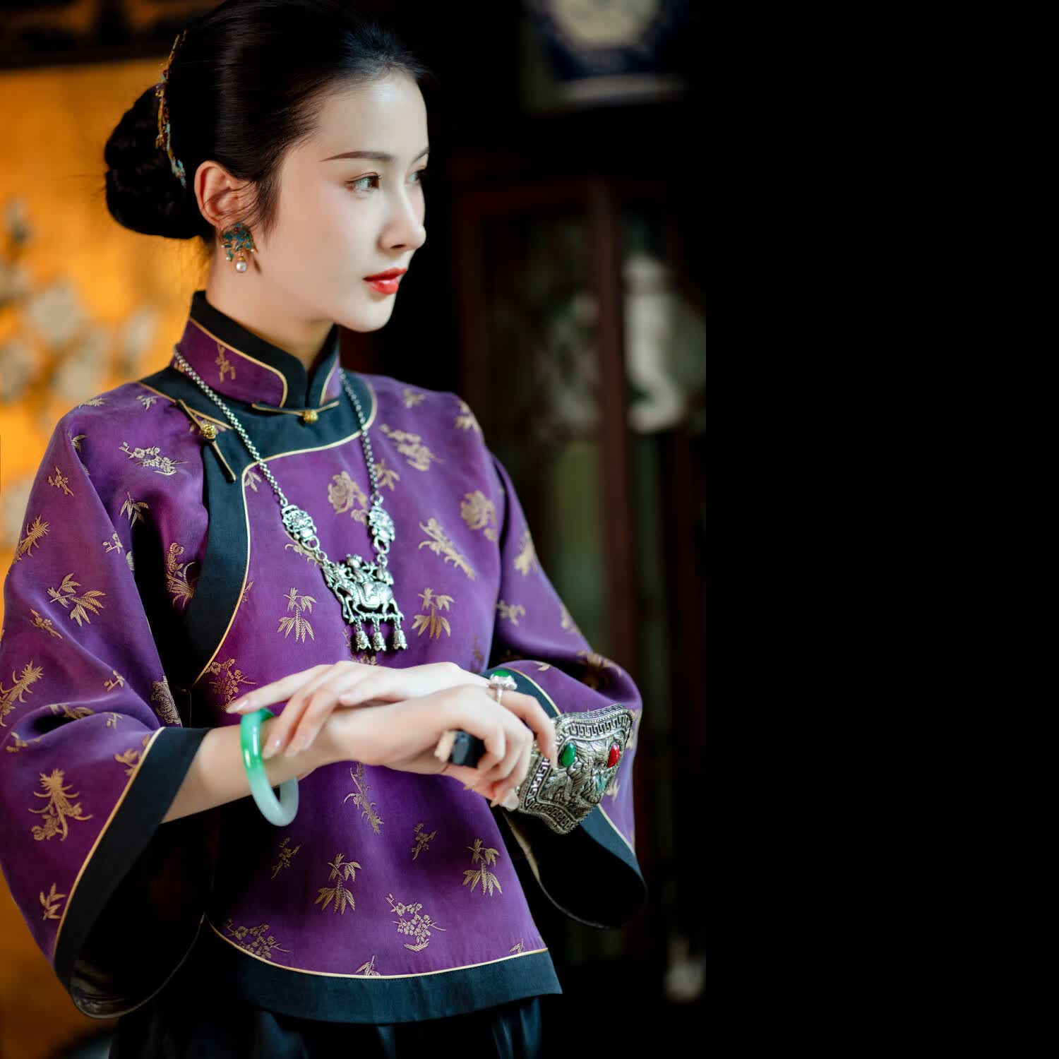 一城风絮兰君佳意丨原创设计秋款丨提花交织香云纱民国风倒大袖袄裙