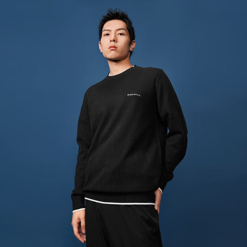 HLA海澜之家旗下黑鲸假两件圆领针织衫男秋季简约基础套头衫男