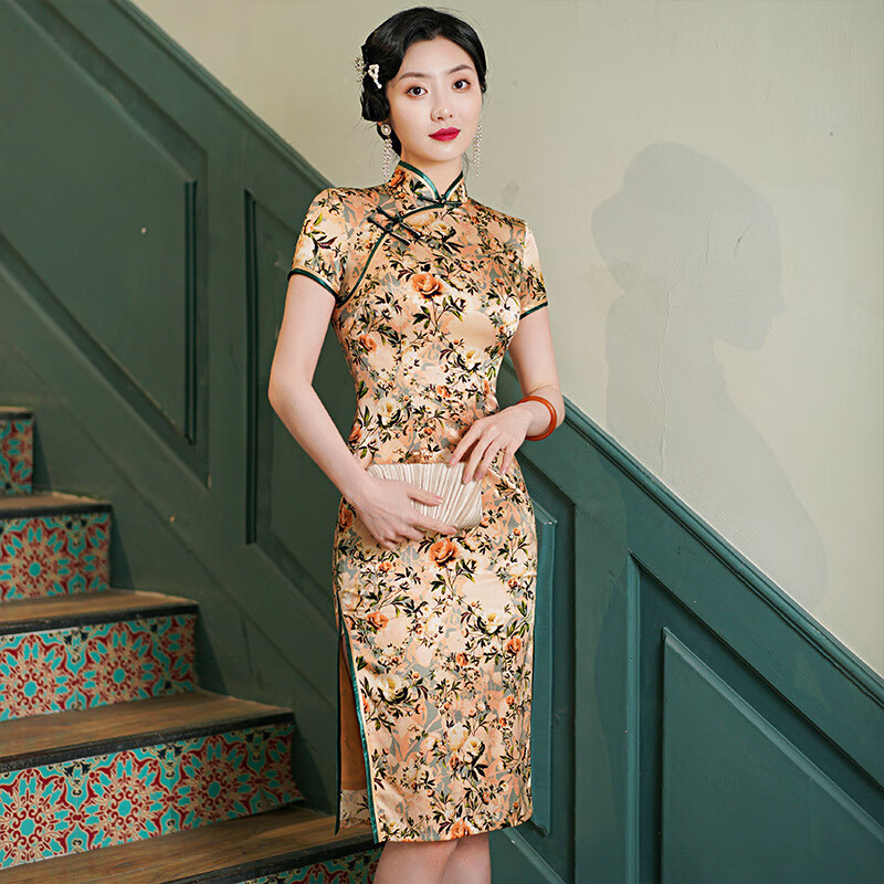 顾眷年真丝旗袍裙2023新款高端改良桑蚕丝旗袍复古修身日常真丝连衣裙