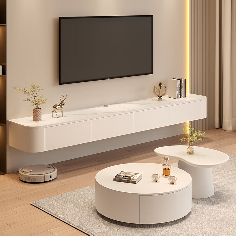 悬挂式客厅家用小户型悬浮岩板茶几电视柜 3米电视柜-白色-岩板白色