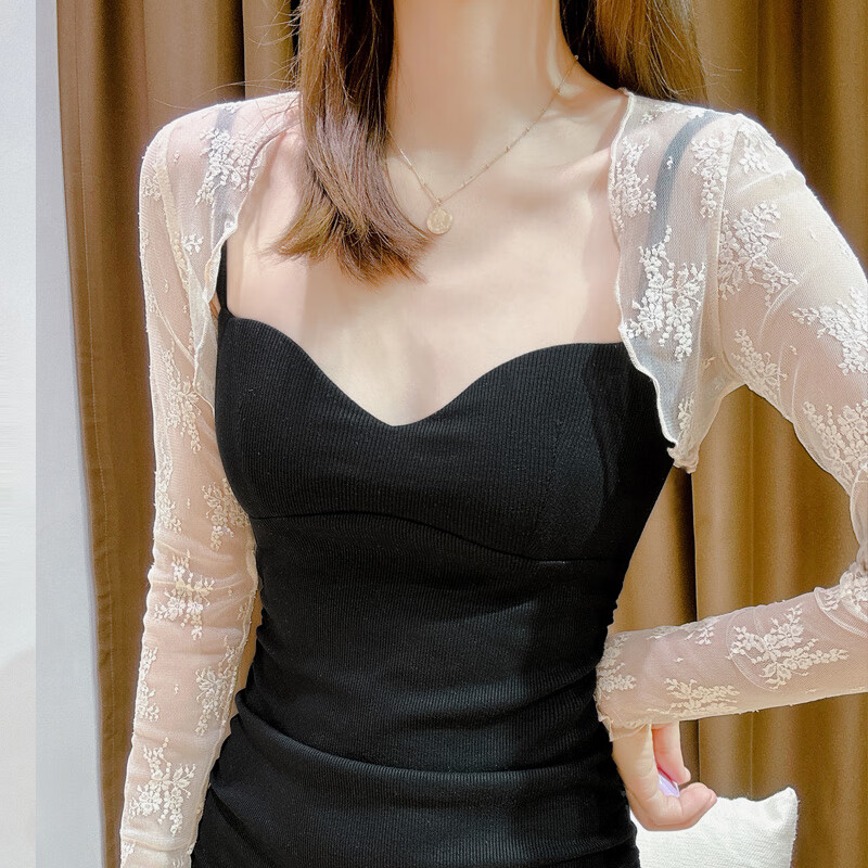 搭开衫女夏季配长/裙短外套蕾丝雷丝短款长袖网纱网沙小坎肩防 奶油杏