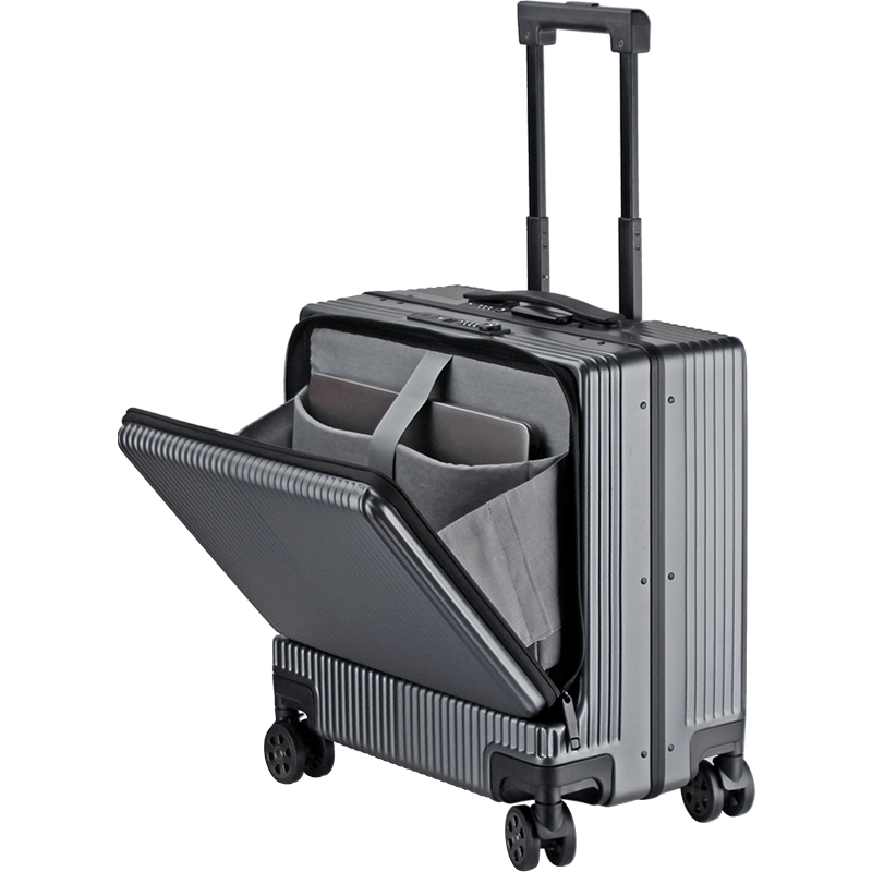翻譯官前開蓋拉桿箱登機行李箱女萬向輪旅行箱輕便耐用鋁框男商務(wù) PC鋁框深灰色前開倉 18英寸(大容量登機箱)