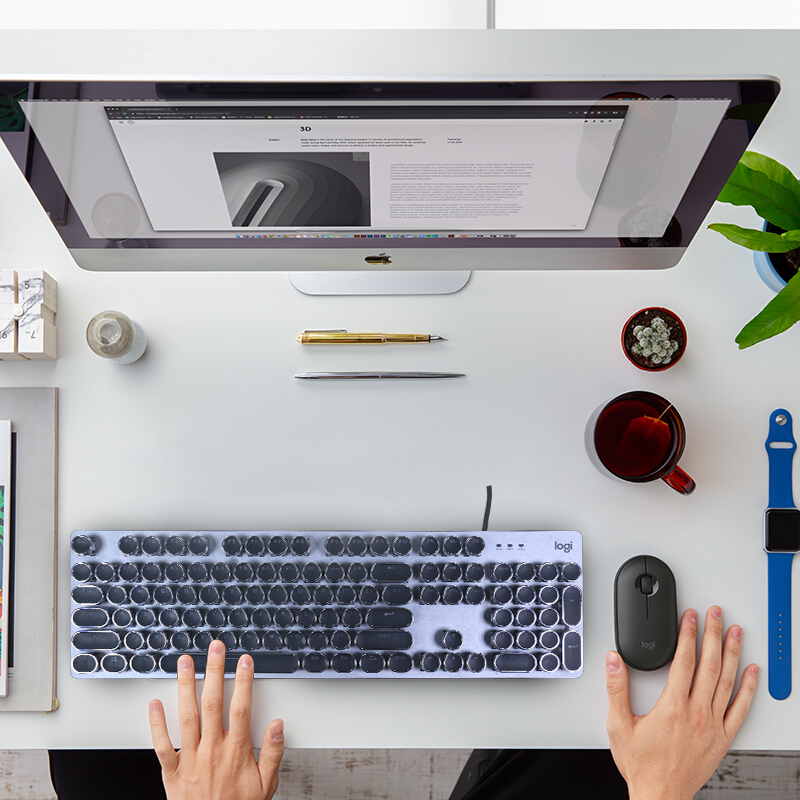 罗技（Logitech）K845机械键盘有线电竞游戏办公朋克复古口红国潮键盘外设电脑笔记本节日礼物 K845(青轴)+经典朋克键帽-黑