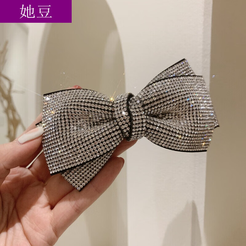 她豆 闪闪蝴蝶结超漂亮发夹弹簧夹后脑勺发夹发饰品女网红发夹 银色