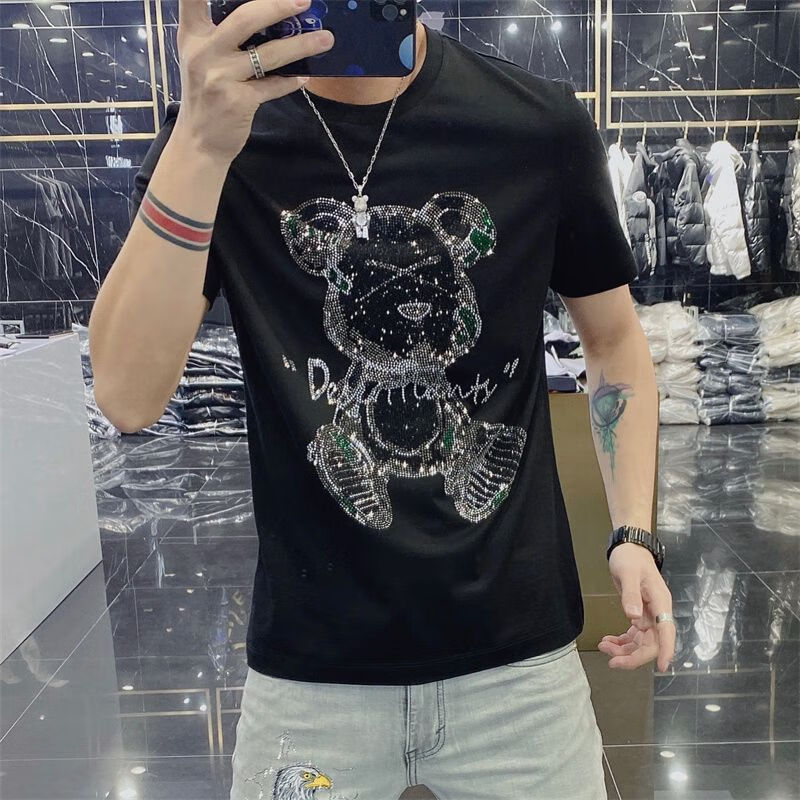 耀超暴力熊t恤男加肥加大短袖男ins网红超火暴力熊烫钻男装t恤潮牌精