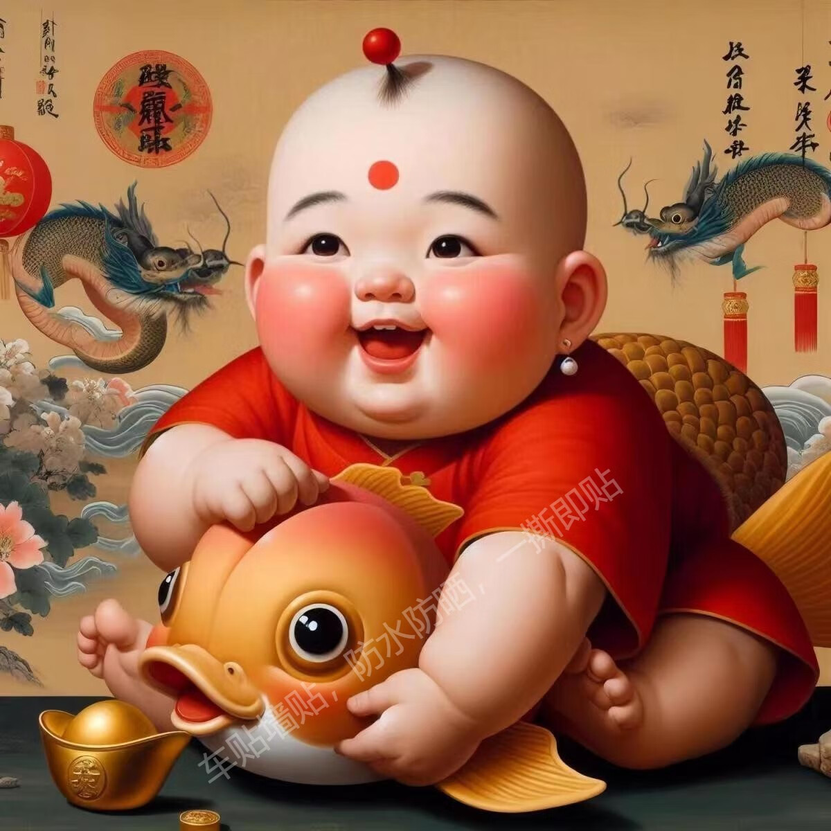 妙普乐鱼跃龙门送财童子新春3d防水室内仿真门窗入户玄关装饰年画 sz