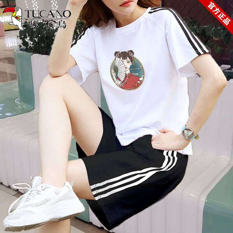 啄木鸟100%纯棉休闲运动服套装女夏季新款大码宽松学生短袖短裤两 白色套装字母 L 建议95-110