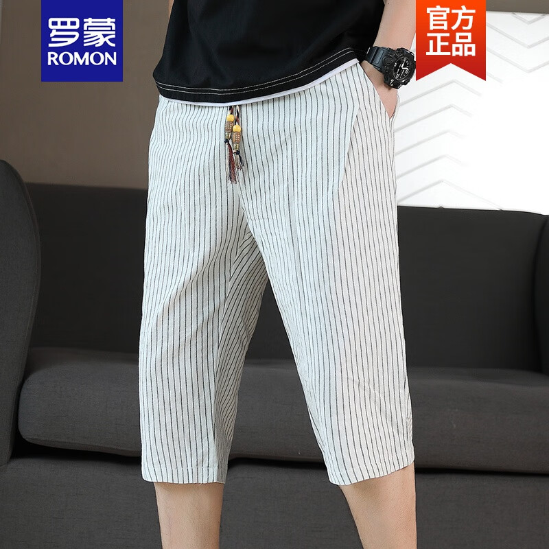 罗蒙ROMON品牌高端白色条纹7分短裤男士夏季ins潮流棉麻中裤薄款透气百搭休闲七分裤新品 白色 M