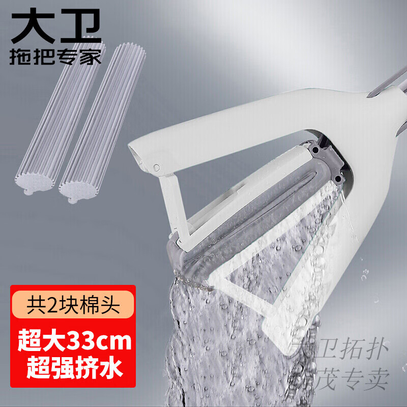 大卫滚轮式大号胶棉拖把海绵吸水地拖家用拖布免手洗墩布M11 1杆2头 M6PLUS 大号对折挤水胶棉拖2头