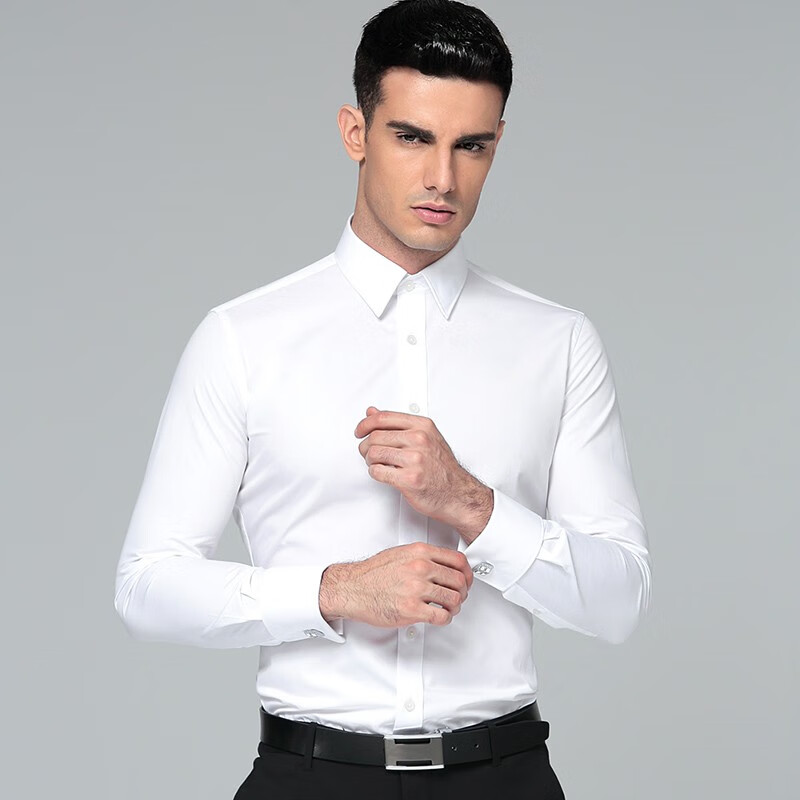 墨诺佰法式衬衫男商务休闲纯色修身免烫新郎男士袖扣衬衫长袖白衬衣 白色 43码（175-190斤）