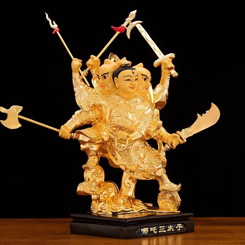 墨雪卿(muoxueqn)鎏金铜三头六臂哪吒三太子神像供奉摆件中坛元帅铜像