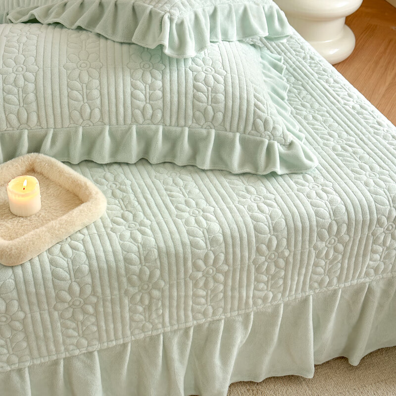 艺雅京师2023秋冬新款牛奶绒花朵床盖款三件套 花朵床盖   奶绿 200*