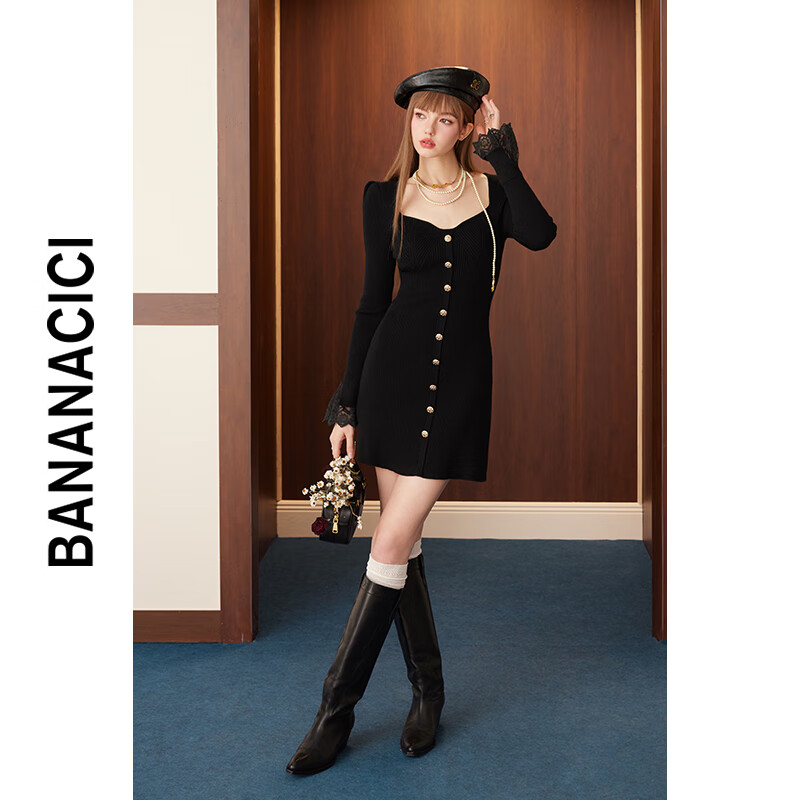 banana cici2024年秋冬新款法式纯欲风蕾丝拼接泡泡袖针织连衣裙C244LY156 黑色 M