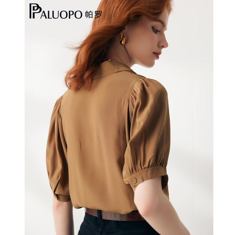 帕罗（PALUOPO）【慵懒气质】夏季季真丝衬衫领质感纯色泡泡袖桑蚕丝女士上装衬衣 浅军绿 2XL (175/96A)