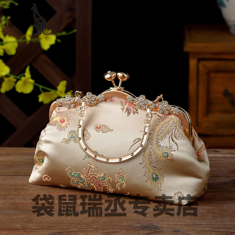 袋鼠晚宴手拿包 配旗袍手工包包2024新款女漢服包包古風手提包晚宴包 金色