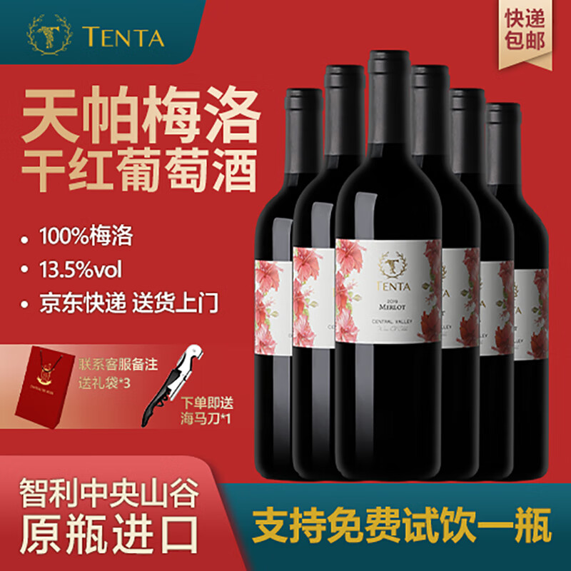 天帕智利中央山谷原瓶原装进口 经典梅洛干红葡萄酒红酒13.5度750ml 整箱6支装