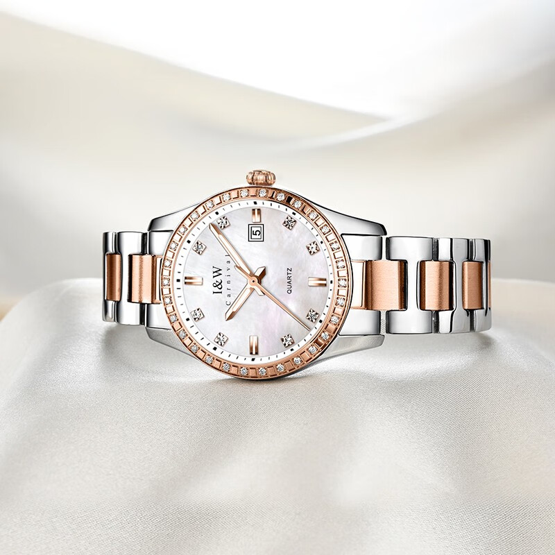 爱沃驰轻奢时尚防水玫瑰金锆石镶嵌石英手表女士表七夕生日礼物送女友 玫金壳白面|间玫钢带