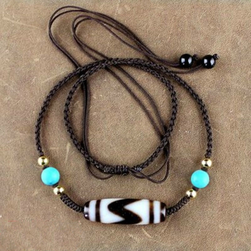 西藏天然老矿 至纯精品虎牙天珠吊坠 绿松石横款项链手工挂绳 图片色