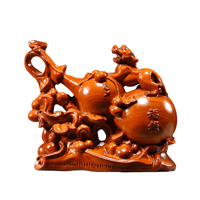 摆件木头根雕发财葫芦神兽皮秋红木质工艺品 花梨福禄貔貅长度15cm