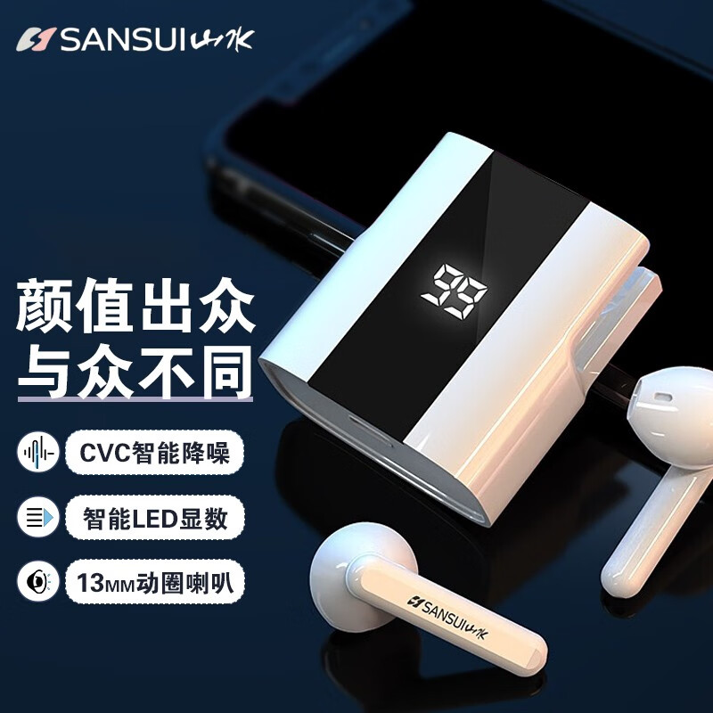 山水（SANSUI）TW13 蓝牙耳机 无线降噪 入耳式超长待机续航跑步运动游戏吃鸡听歌苹果安卓通用 白色