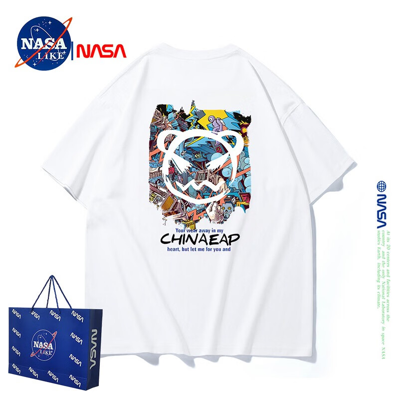 NASA LIKE官方男装潮牌联名t恤男短袖夏季休闲宽松情侣款卡通印花国潮衣服 白色 2XL（建议160-200）