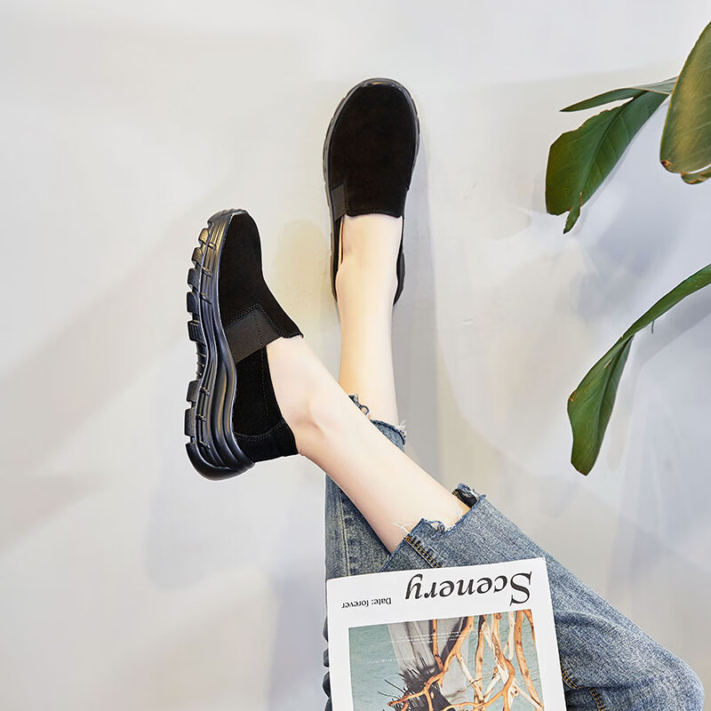 西域骆驼休闲女鞋2023春秋款单鞋女松糕底妈妈厚底渔夫鞋一脚蹬真皮