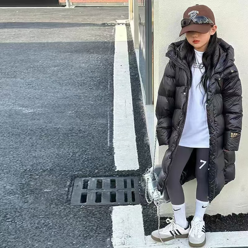 贝婴初（BEIYINGCHU）新款儿童黑金外套男童女童中大童亲子装长款过膝鸭绒丝加厚外套 黑色 170cm