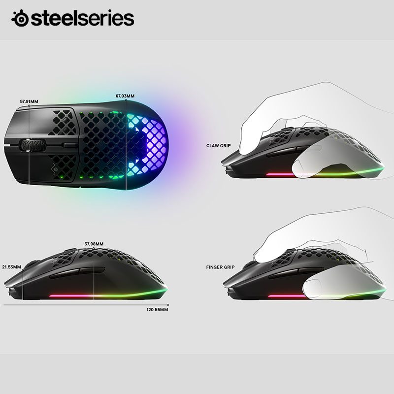 赛睿(SteelSeries)洞洞鼠系列?Aerox 3 无线/蓝牙游戏鼠标 三模链接 镂空便携  69轻量化 哑光面 黑色