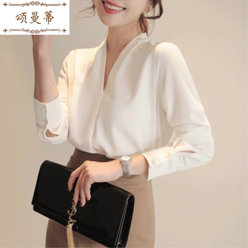 颂曼蒂ol村杉职业无领衬衫女衬衣春款2022新时尚长袖v领上衣雪纺白色