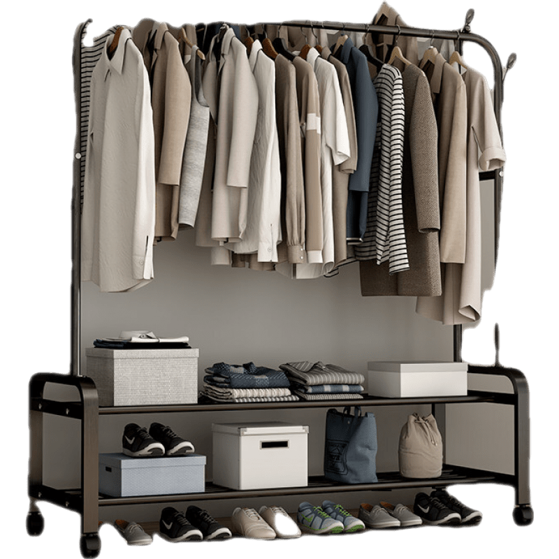 落地晾衣架家用学生宿舍卧室内晒挂架子阳台置物简易双杆晾衣杆衣服收纳架 125cm【尊享款】黑色双杆+双层置物网+双衣帽钩