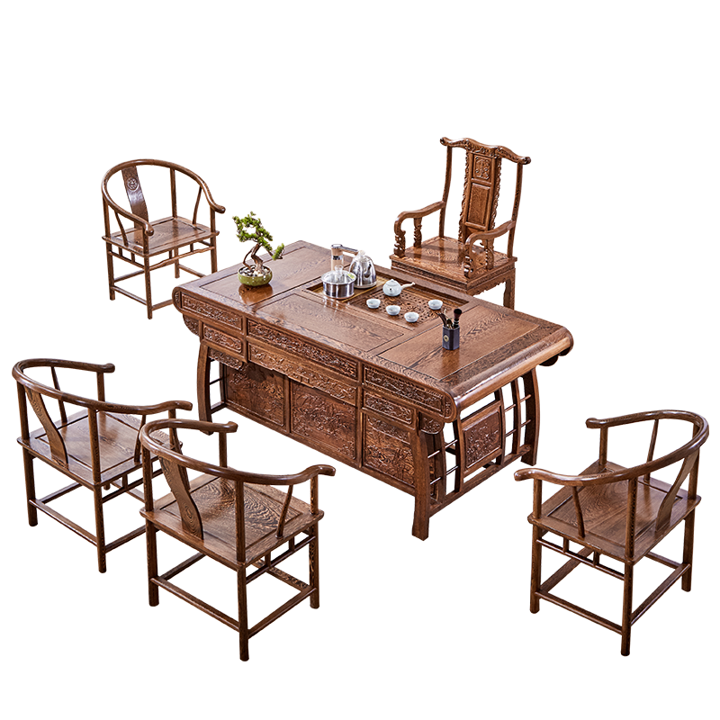 景典 红木家具 非洲鸡翅木(学名:非洲崖豆木)茶桌 实木茶桌中式客厅餐厅办公室茶几套装组合功夫茶台 1.58米富贵茶桌*1+主人椅*1+副椅*4