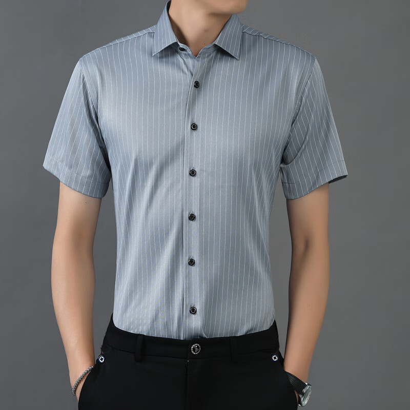 歌顿苏威冰丝短袖衬衫男夏季高品质商务休闲条纹抗皱衬衫30岁职业正装
