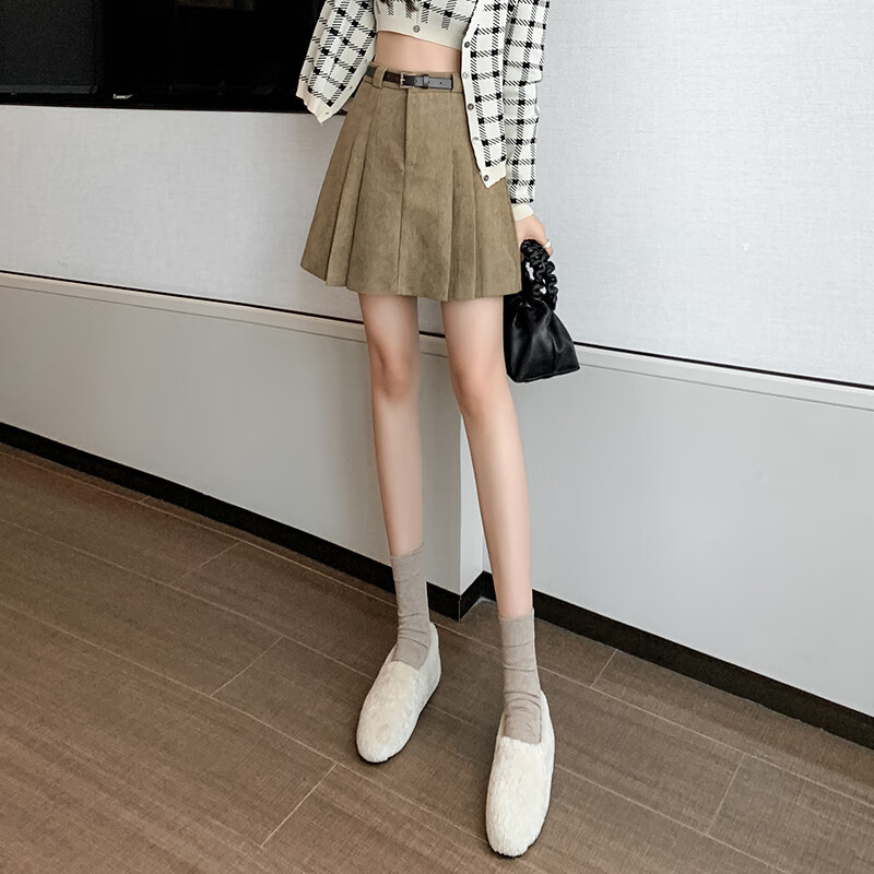 a字短裙女冬季新款百褶裙高腰灯芯绒呢子百搭潮流时尚半身裙 卡其色 s