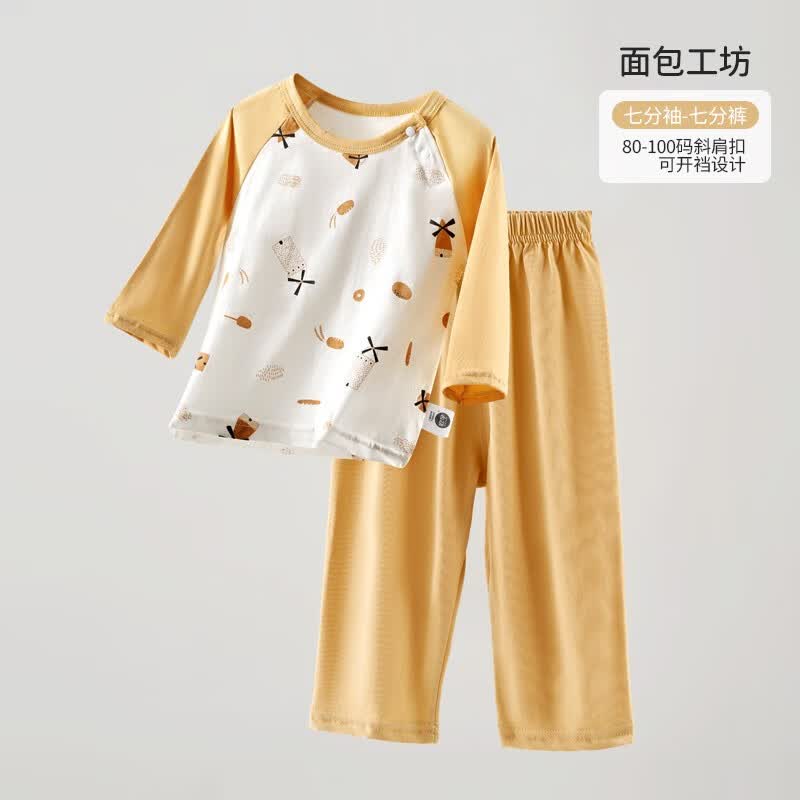 欧孕（OUYUN）宝宝保暖内衣套装全棉春秋款空调服男童女童通用保暖睡衣 面包工坊【七分袖袖】 90码怎么看?