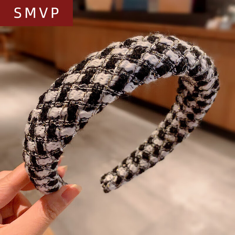 SMVP奶咖色棋盤格子發(fā)箍女秋冬韓版寬邊海綿頭箍復(fù)古可愛(ài)頭發(fā)飾品 棋盤格黑白