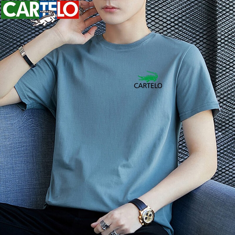 纯棉短袖t恤男士半袖半截袖体恤打底衫男装纯色加大码上衣服 雾蓝单件