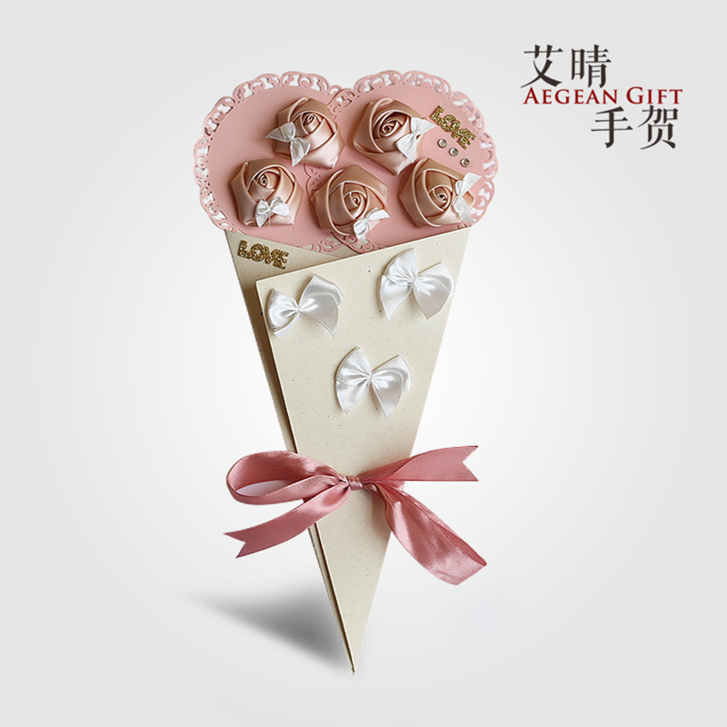 艾晴手贺玫瑰花束贺卡情人节送女朋友生日礼物妈妈母亲节温馨素雅儿童