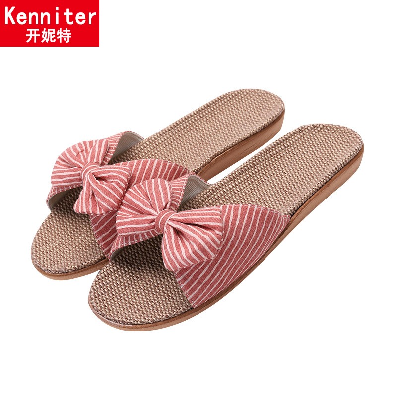 开妮特(kenniter)拖鞋女夏季露趾eva棉布麻拖日式亚麻拖鞋条纹蝴蝶结