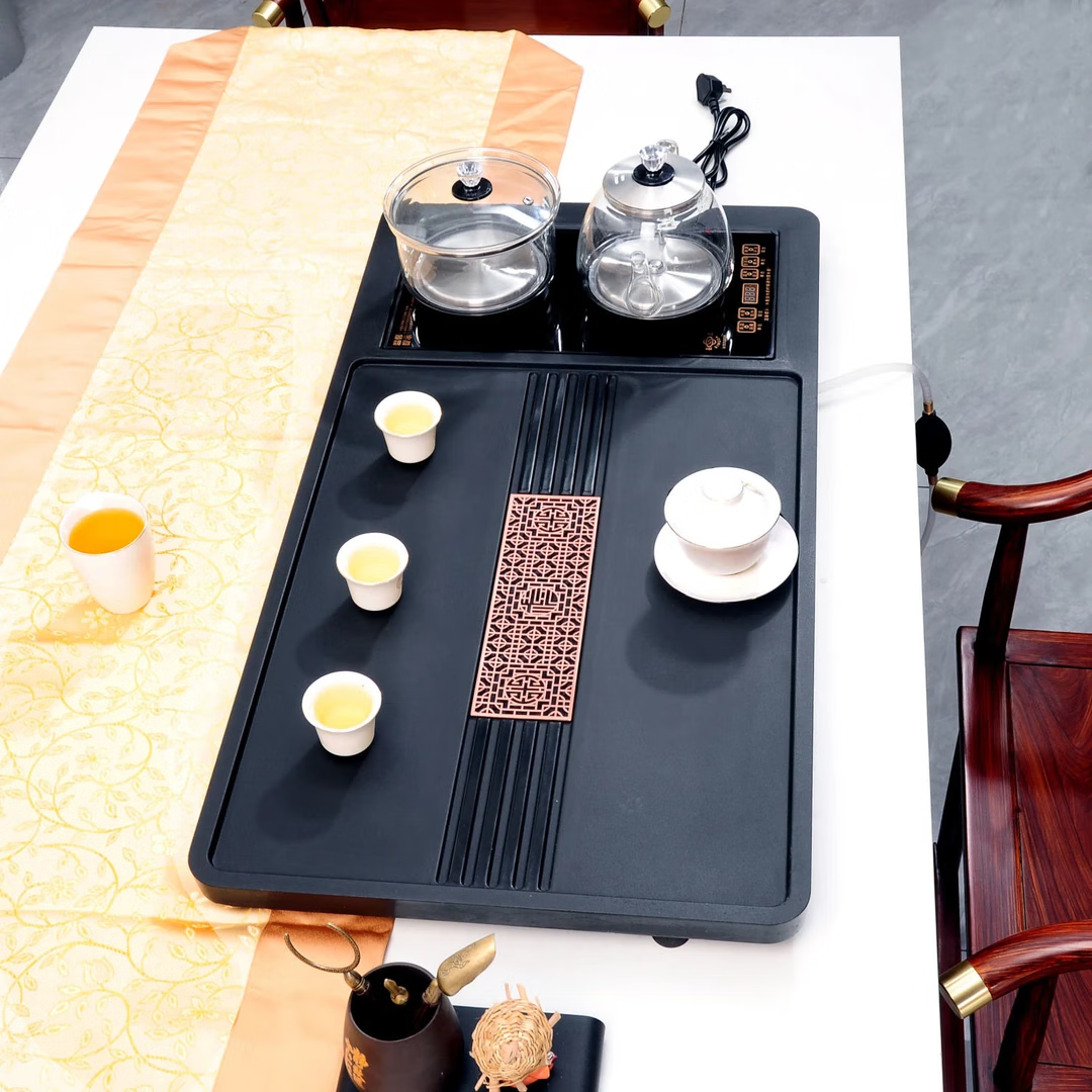 合成乌金石茶盘套装全自动上水一体石茶盘整套办公家用茶台茶盘 (一体式)85*45长窗花+玻璃电炉