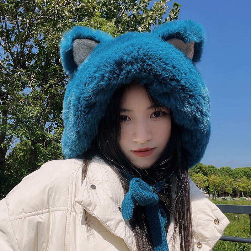 韓版雷鋒帽女秋冬季保暖狐貍貓耳朵護(hù)耳帽加厚毛絨針織毛線帽 藍(lán)色 彈力均碼