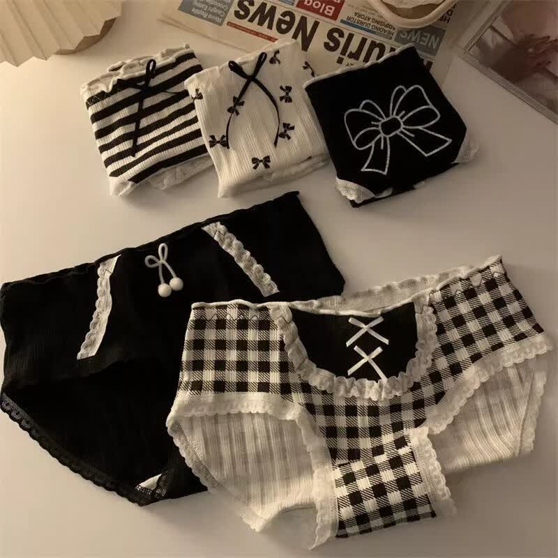 日系甜美少女新款内裤女黑白格子条纹蝴蝶结裆透气三角裤学生 5条装 M 建议65-85斤