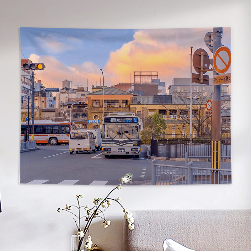 奴诗漫 ins风挂布背景布日式街头城市电车风景手绘油画房间宿舍装饰