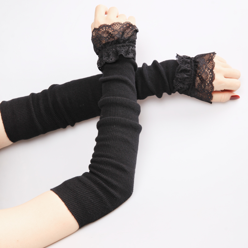 妙微熊手套女秋冬蕾丝花边保暖显瘦假袖子长款黑袖套手臂套 针织款
