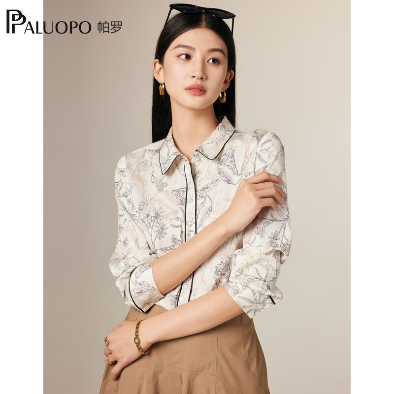 帕罗（PALUOPO）19姆米弹力双乔桑蚕丝夏长袖印花微弹衬衣休闲文艺上衣衬衫女 白底花 XL (170/92A)