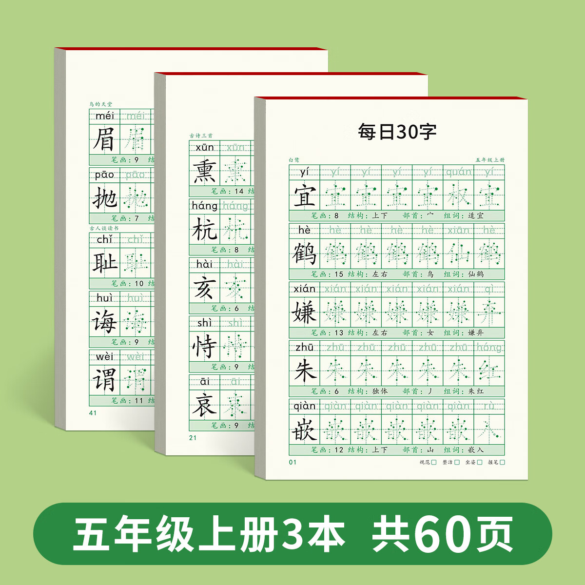 四年级减压同步字帖五年级六年级小学生每日30字练字帖专用语文上册下册人教版硬笔书法每日一练摹写本456练 五年级上册3本装