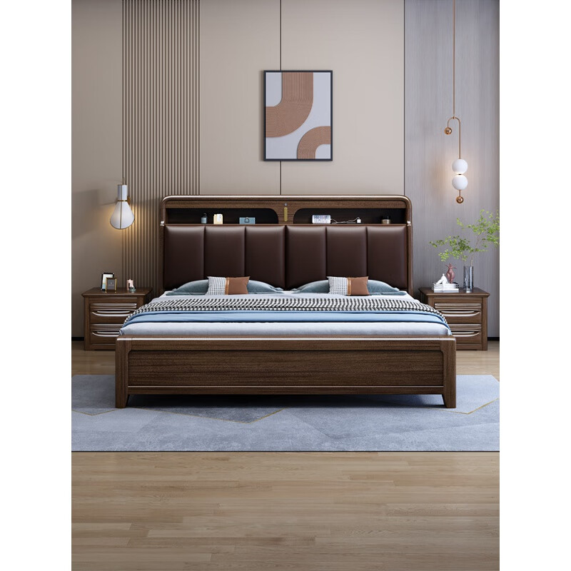 宜家盛宇【官方直销】实木床双人床软包胡桃木2米主卧大床现代简约新