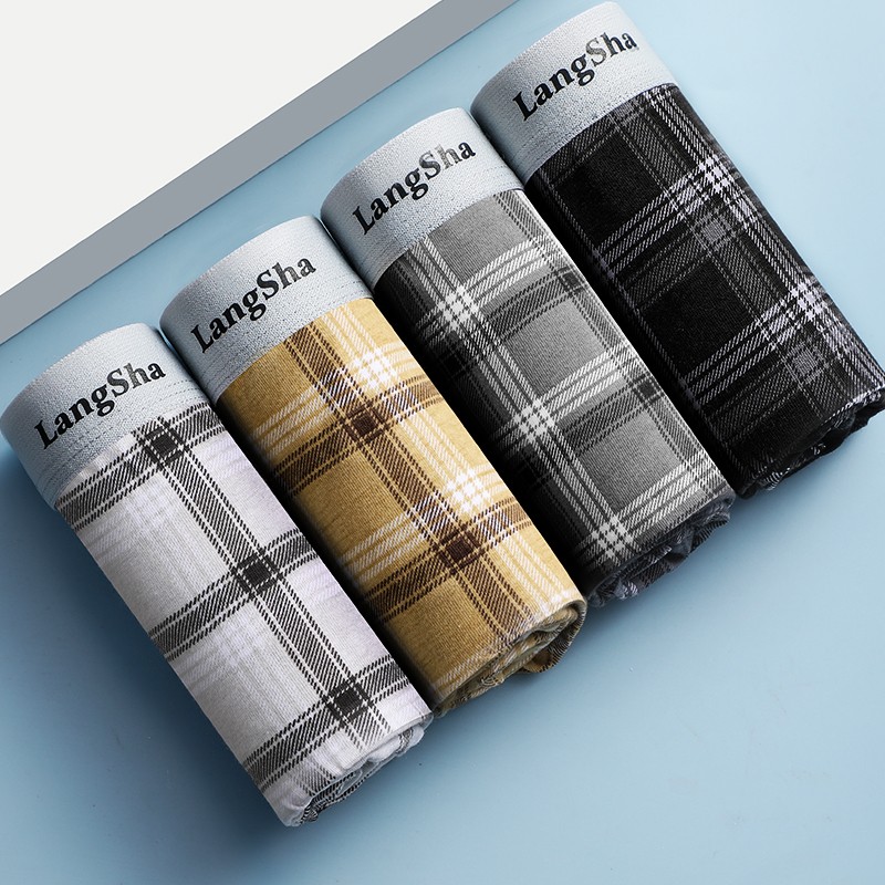 浪莎（LangSha）男士内裤男平角裤新疆长绒棉质透气中腰四角短裤男内裤头 格子内裤【礼盒装】 4条 3XL (185/110)