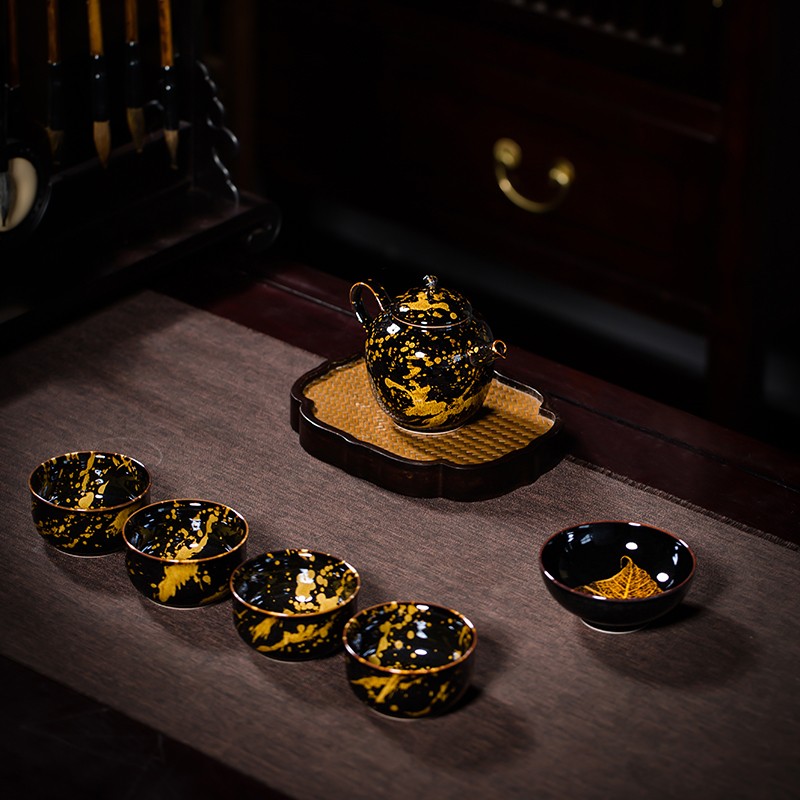 鋆钰 吉州窑功夫茶具套装陶瓷泡茶壶茶杯礼盒装 木叶盏 天目瓷 天目瓷六件套 色釉